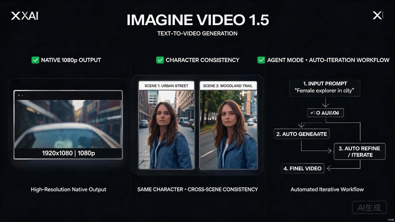 xAI Imagine Video 1.5升级:原生1080p+角色一致性,文生视频新标杆